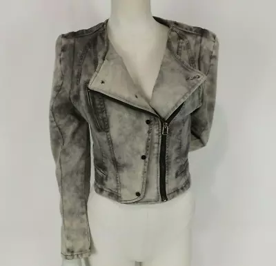 French Episodes Denim Jacket Grey Puffy Sleeves Biker Size 6 8 Zips Stretch • $18