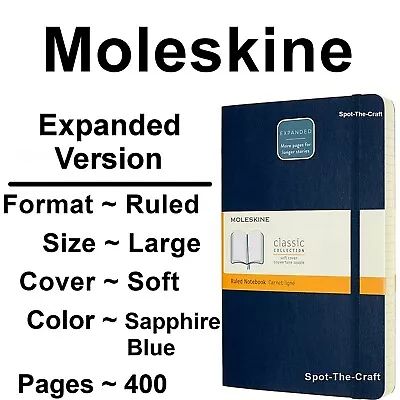 Moleskine Notebook Classic Sapphire Blue Large Ruled Soft Cover Expand 400 Pages • $19.99