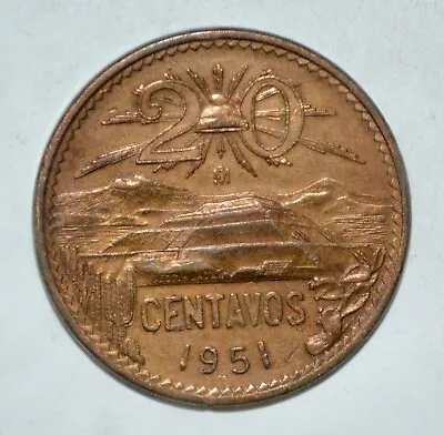 20 CENTAVOS 1951 Bronze MEXICO Snake World EXCELLENT PYRAMID OF THE SUN COIN • $9.88