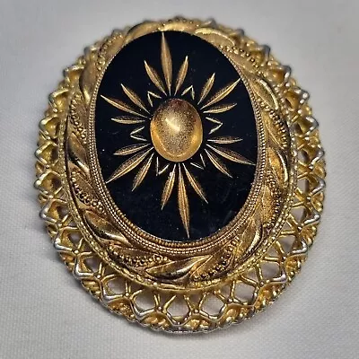 Vintage Hollywood Brooch Pendant Victorian Revival Gold Tone Molded Black Glass • £19.99