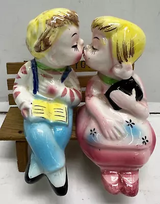 Vintage Boy And Girl Kissing On Bench Salt And Pepper Shakers • $14.99