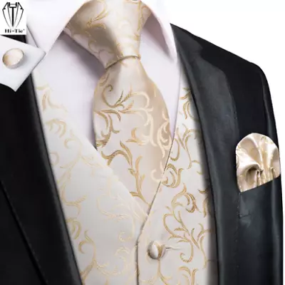 Silk Champagne Gold Mens Vests Tie Set Jacquard Waistcoat Men Suit Dress • $45.37