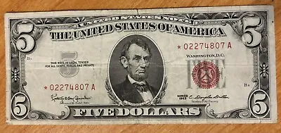 $5 STAR NOTE Five Dollar Red Seal 1963 Note Certificate Old US Bill (small Tear) • $19.99