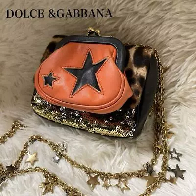 Dolce ＆ Gabbana Leopard Leather Shoulder Bag Mini Bag Orange Star Sequins Women • $268.97