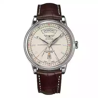 Aviator Brown Leather Ivory Dial Swiss Made Men's Automatic Watch - V32001414 • $1200