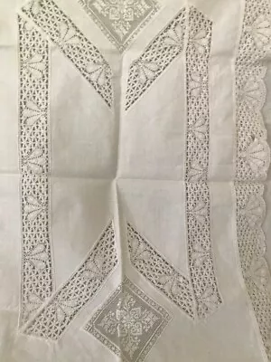 Vintage Linen/lace Panel/tray Cloth White White Lace Edging Detail • £5