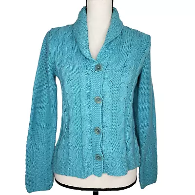 Sigrid Olsen Cardigan Sweater Blue Green Small Cable Shawl Collar Cotton Blend • $10