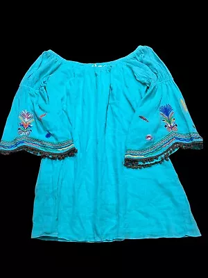 VaVa By Joy Han Peasant Style Embroidered Top Blouse Size L-Turquoise • $11.25