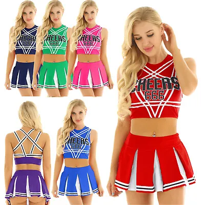 Cheer Leader Costume Women School Girl Uniform Outfit Crop Top With Mini Skirt • £13.99