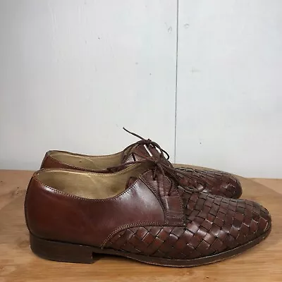 Oxford Dress Shoes Mens 44 US 10 Woven Brown Leather Derby Plain Italy Vintage • $24.97