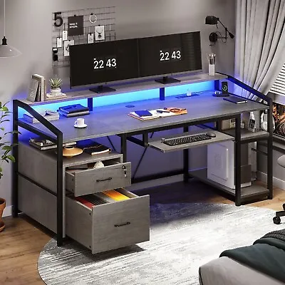 63  Computer Desk Home Office Desk With Drawers Gaming Desk With LED Lights Grey • $189.89