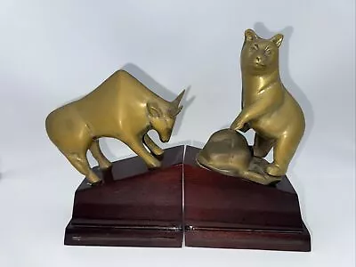 Vintage Bookends Brass Bear And Bull On Wood Stands Wall Street MCM 1960s • $24.99