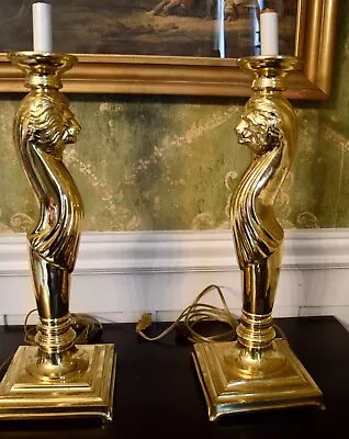 2 Vintage Tall Mid-Century Brass Lion Buffet Lamps Likely Maitlin-Smith #8354 • $200