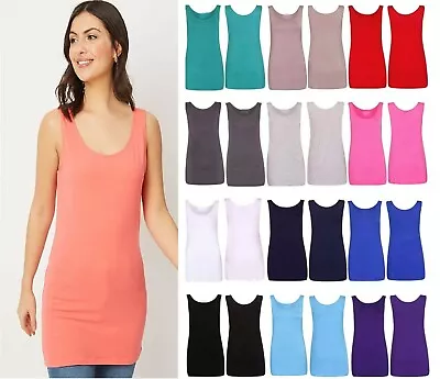 Ladies Round Scoop Neck Sleeveless Long Stretch Plain Vest Top Yoga Gym Sports • £5.99