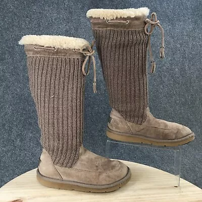 UGG Womens 8.5 Snow Boots Brown Suede Suburb Crochet Knit Pull On Casual Mid • $31.89