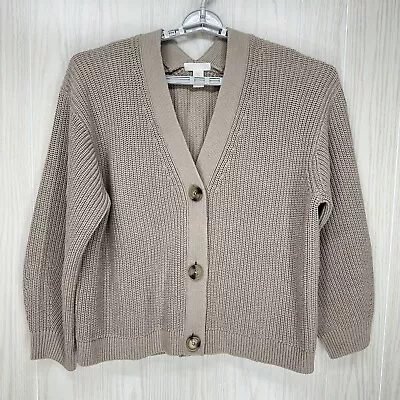 H&M Womens Cardigan Sweater Sz L Beige Big Button Chunky Knit Heavy Deep V Neck • $15.90