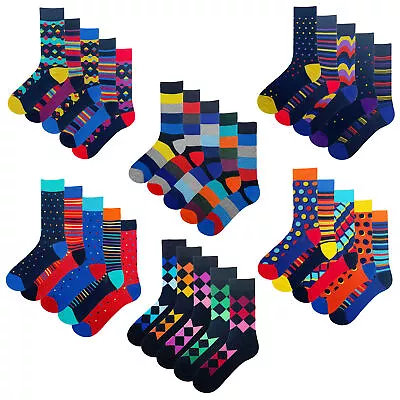 Mens Socks 5 Pairs Design Funky Coloured Cotton Fashion Stripes Socks Size 6-11 • $6.52