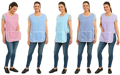 Ladies Gingham Design Piping Tabard Apron With Pocket Overall Kitchen Cleaning • £7.99