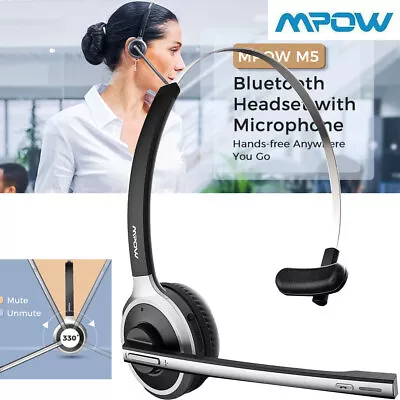 MPOW Bluetooth Headset Headphones With Microphone For Computer PC Centre Call • £17.99