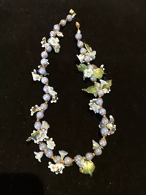 Mcm Murano Necklace Italy Blue Clear Flowers  & Green Leaves Choker Style Orig • $47.50