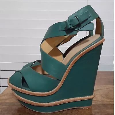 L.A.M.B Angela  Leather Wedge Heels MATTE Teal And Brown Size 7.5 • $55