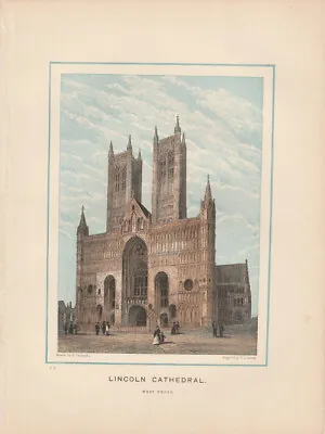 1887 Antique Coloured Print Of Lincoln Cathedral. West Front. • £23.95