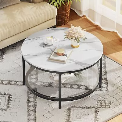 2-Tier Round Coffee Table Marble Center Cocktail Table With Glass Open Shelf • $68.98