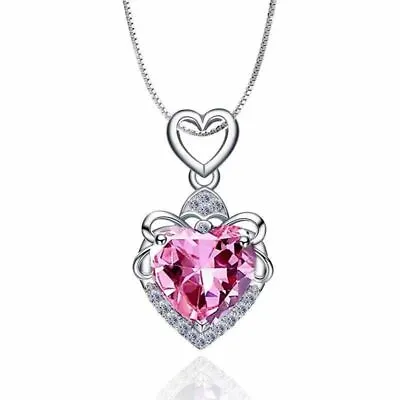 Womens 925 Sterling Silver Crystal Heart Pendant Chain Necklace Jewellery Gift  • £3.99