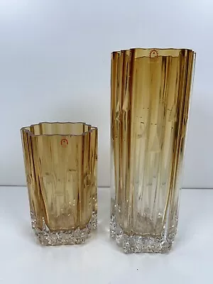 2 Vtg Humppila Finland Art Glass Vase Amber Clear Tauno Wirkkala Set Pair MCM • £173.56