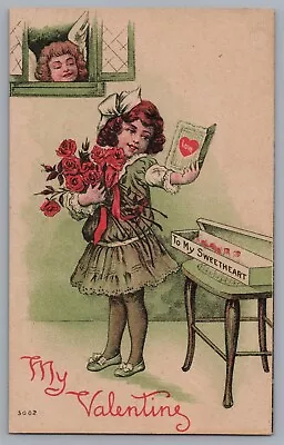 £5.71 • Buy My Valentine Cupid Watching Girl With Red Roses Card And Chocolate Postcard