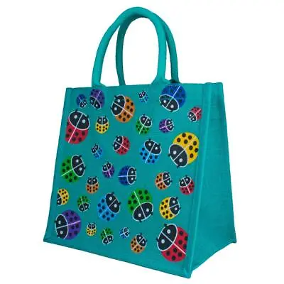 LADYBIRDS JUTE SHOPPING BAG Blue Turquoise Multicoloured Fairtrade Eco Shopper • £10.99