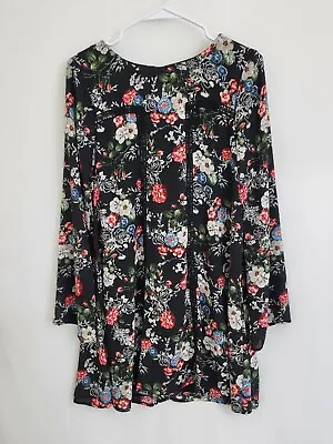 Miami Women's Floral Embroidered Shift Black Long Sleeve Short Dress Size XS • $14.95