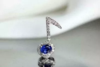 3Ct Oval Cut Simulated Sapphire Music Note Pendant W/Chain 14k White Gold Plated • $82.14