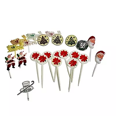 Vintage Christmas Cake Cupcake Toppers Picks Santa  Sleigh Poinsettia New Years • $9.90