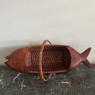 Woven Wicker Basket Fish Shaped Bread Wood Open Mouth Handle Brown Beachy • $65