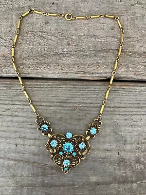 Beautiful Vintage CORO Blue Rhinestone Gold Tone Necklace • $24.99