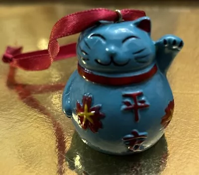 VTG Maneki Neko Beckoning Lucky Cat Kutani Stone  Ornament Blue Cherry Blossom • $12.99