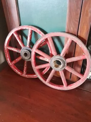 2 Vintage Wood Spoke Wagon Wheels W/ Metal Rims 11  Buggy Cart Antique! • $24.99