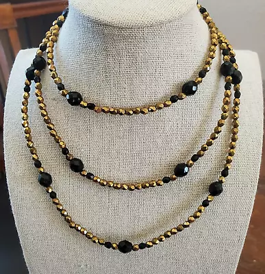 Vtg MIRIAM HASKELL Black Golden Faceted Glass Beads Necklace 42'' • $110