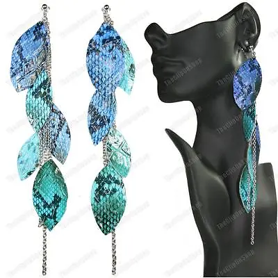 8 Long AQUA BLUE Teal MASSIVE EARRINGS Snakeskin Print Leaves SILVER TONE CHAINS • £3.99