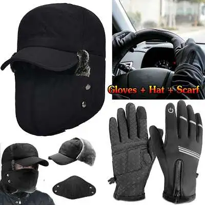 Mens Winter Warm Face Mask Cap Trooper Russian Aviator Thick Hat W/ Gloves • $16.83