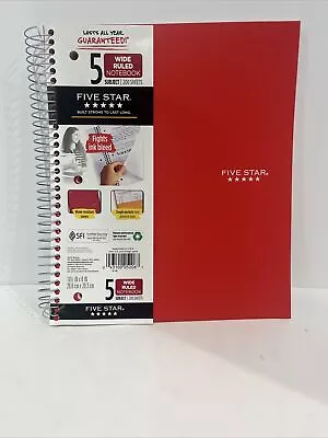 Five Star Spiral Notebook 5 Subject Wide Ruled Paper 200 Sheets Red • $12.95