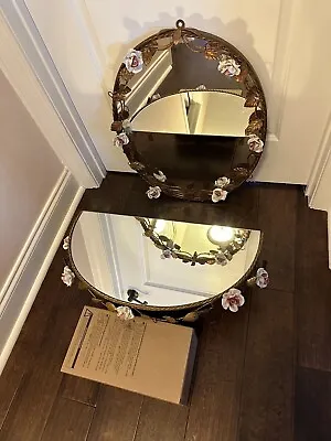 Gilt Italian Pink White Roses Gold Metal Tole Wall Vintage Mirror & Shelf • $865