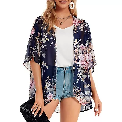 Summer Puff Sleeve Chiffon Kimono Cardigan Womens Floral Printed  Loose Cover Up • $26.27