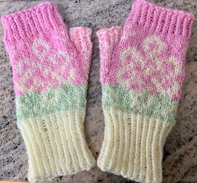 Hand Knitted Ladies Fingerless Celtic Kno Mittens In Spring Colours Pink & Green • £9