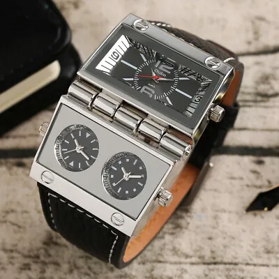 OULM Three Time Zone Movement Leather Band Strap Men Military Wrist Watch Gifts • £17.75