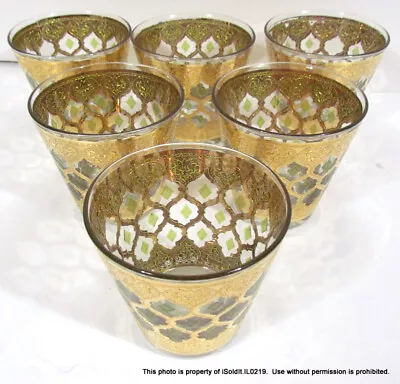 6 VTG CULVER VALENCIA GLASSES Green & 22kt Gold Filigree OLD FASHIONED • $55