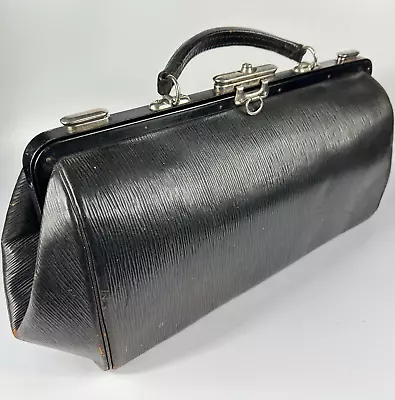 £74 • Buy Vintage French Stunning Large Black Leather Gladstone Doctors Bag With Key