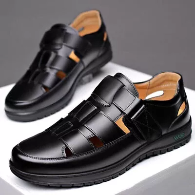 Mens Leather Sandals Walking Sports Summer Beach Shoes Casual Outdoor Slippers • £17.59