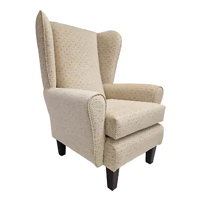 Wing Back Queen Anne Chair - Camden Cream Diamond Fabric - Dark Wood Legs • £265